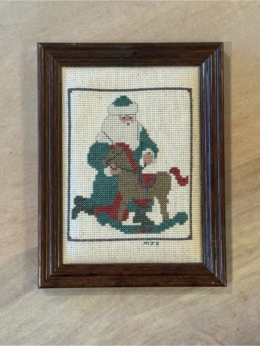 Christmas in July- Framed Holiday Cross-Stitch Santa & Rocking Horse